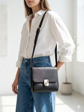 Vintage Escada 90s / Y2K Navy Blue Pebbled Leather Minimalist Crossbody Flap Bag